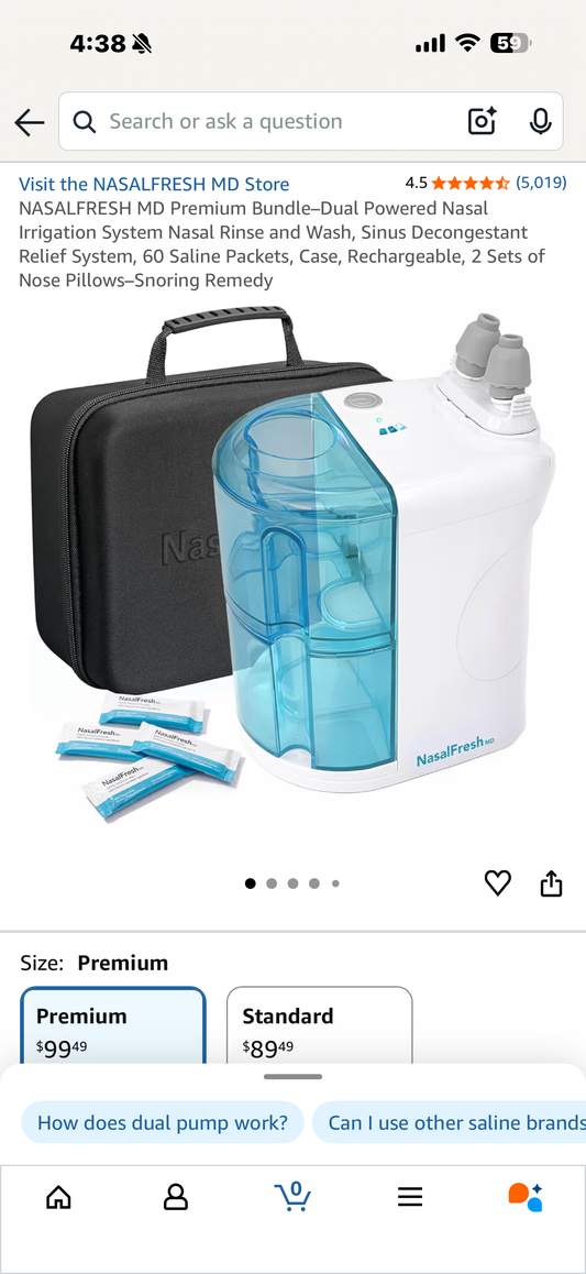 NASALFRESH MD Premium Bundle–Dual Powered Nasal Irrigation System Nasal Rinse and Wash, Sinus Decongestant Relief System, 60 Saline Packets, Case, Rechargeable, 2 Sets of Nose Pillows–Snoring Remedy