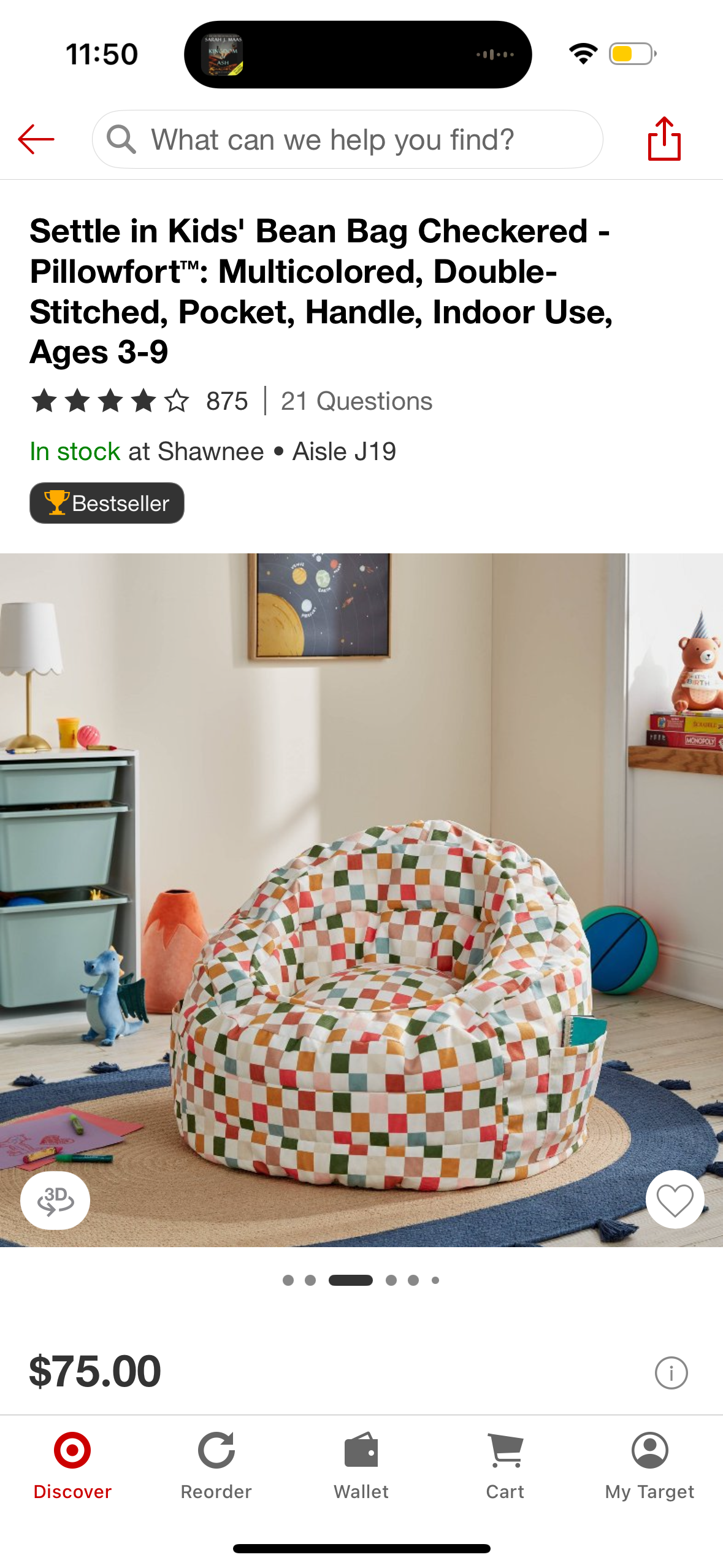 Settle in Kids' Bean Bag Checkered - Pillowfort™: Multicolored, Double-Stitched, Pocket, Handle, Indoor Use, Ages 3-9