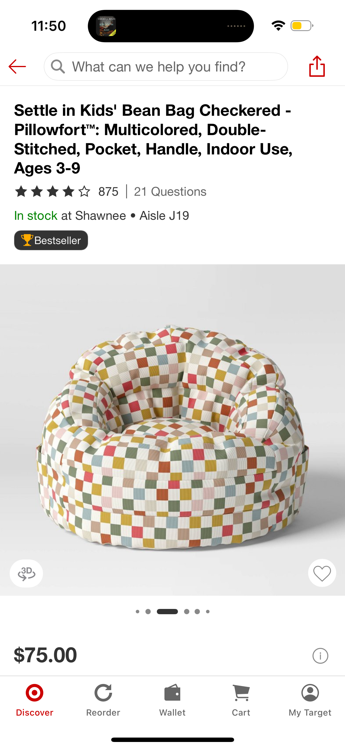 Settle in Kids' Bean Bag Checkered - Pillowfort™: Multicolored, Double-Stitched, Pocket, Handle, Indoor Use, Ages 3-9