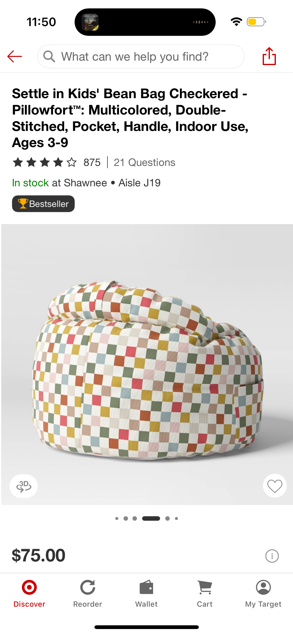 Settle in Kids' Bean Bag Checkered - Pillowfort™: Multicolored, Double-Stitched, Pocket, Handle, Indoor Use, Ages 3-9