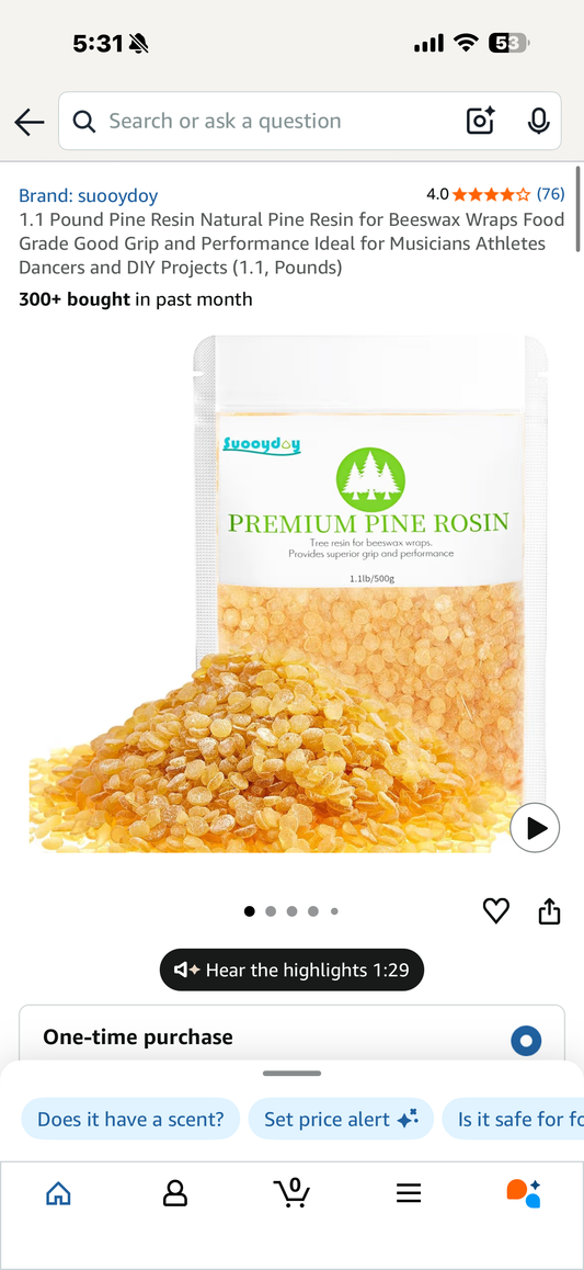 1.1 Pound Pine Resin Natural Pine Resin for Beeswax Wraps Food Grade Good Grip and Performance Ideal for Musicians Athletes Dancers and DIY Projects (1.1, Pounds
