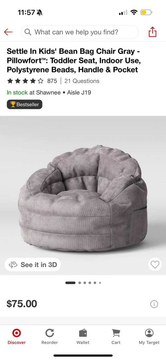 Settle In Kids' Bean Bag Chair Gray - Pillowfort™: Toddler Seat, Indoor Use, Polystyrene Beads, Handle & Pocket