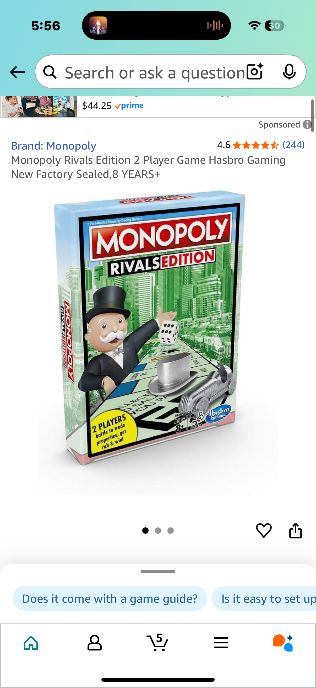 Monopoly Rivals Edition 2 Player Game Hasbro Gaming New Factory Sealed,8 YEARS+