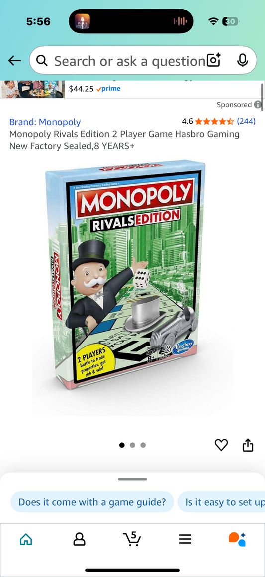 Monopoly Rivals Edition 2 Player Game Hasbro Gaming New Factory Sealed,8 YEARS+