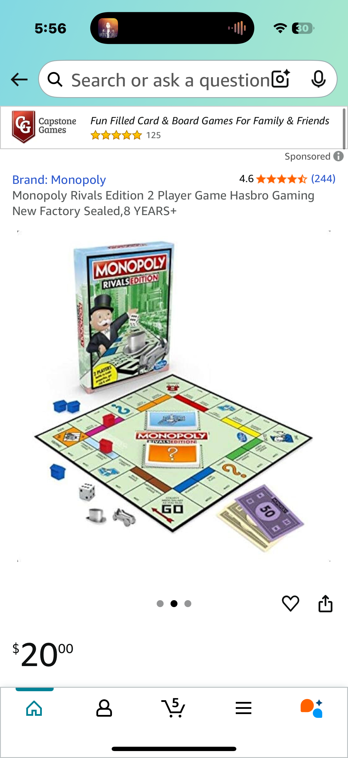 Monopoly Rivals Edition 2 Player Game Hasbro Gaming New Factory Sealed,8 YEARS+