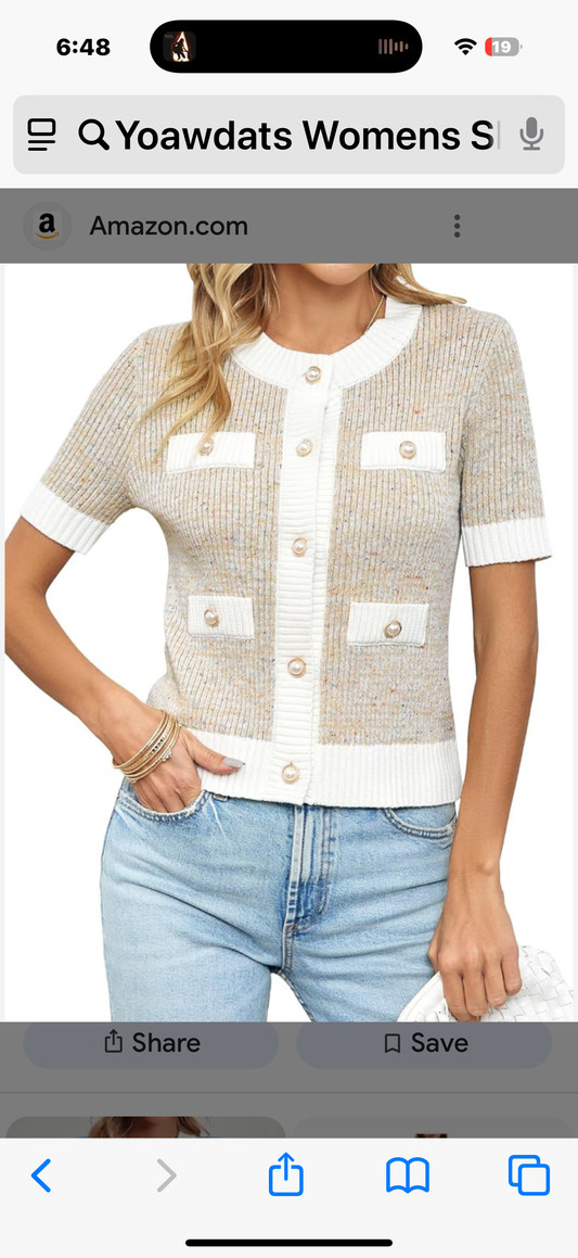 Womens Short Sleeve Button Down Cardigans Sweater Cropped Lightweight Crew Neck (Size Large)