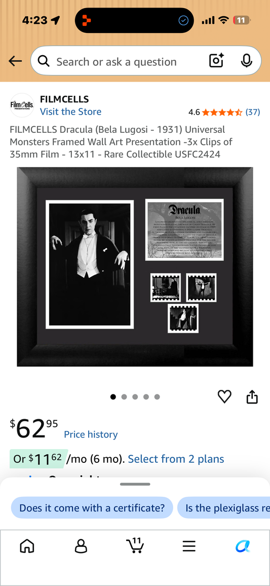 Dracula (Bela Lugosi 1931) Universal Monsters FILMCELLS Framed Wall Art Presentation -3x Clips of 35mm Film - 13x11