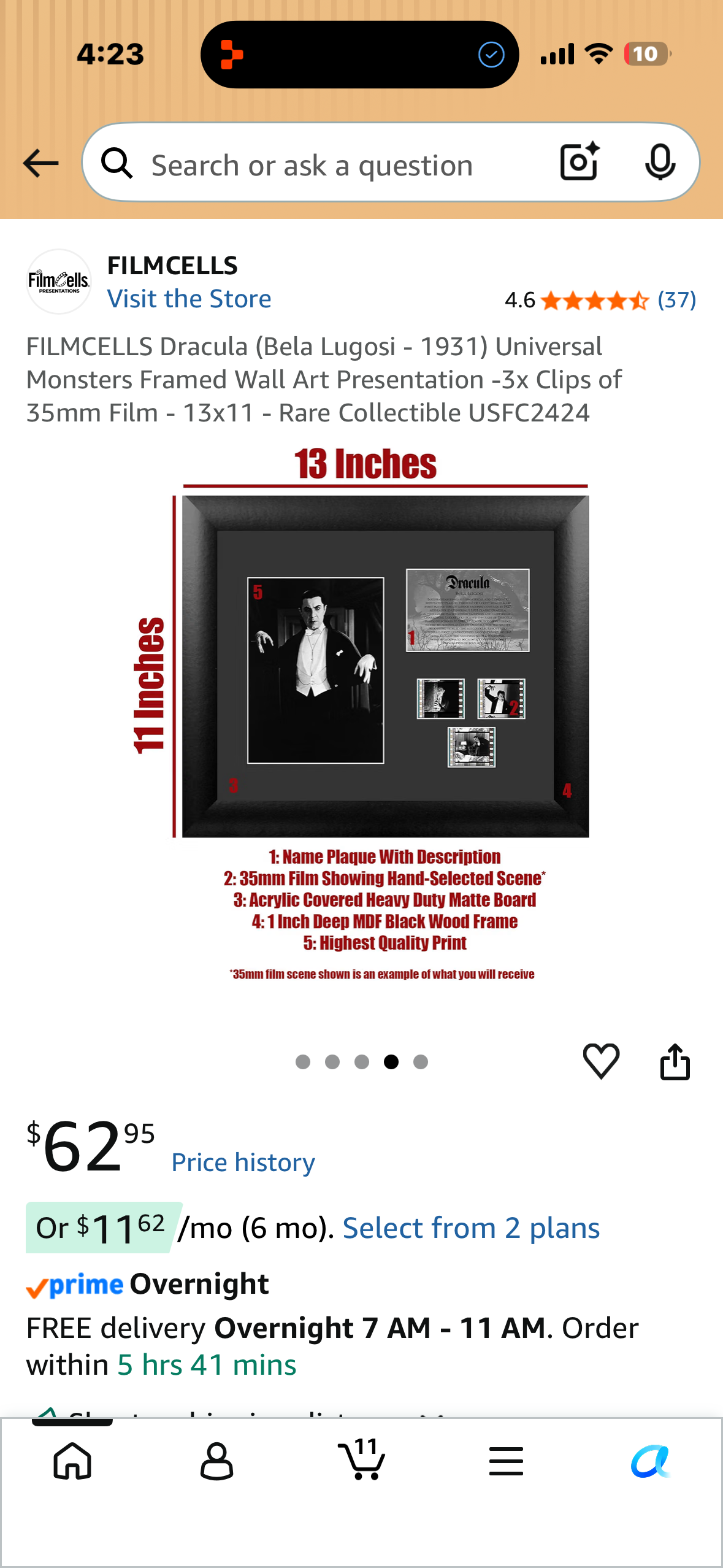 Dracula (Bela Lugosi 1931) Universal Monsters FILMCELLS Framed Wall Art Presentation -3x Clips of 35mm Film - 13x11
