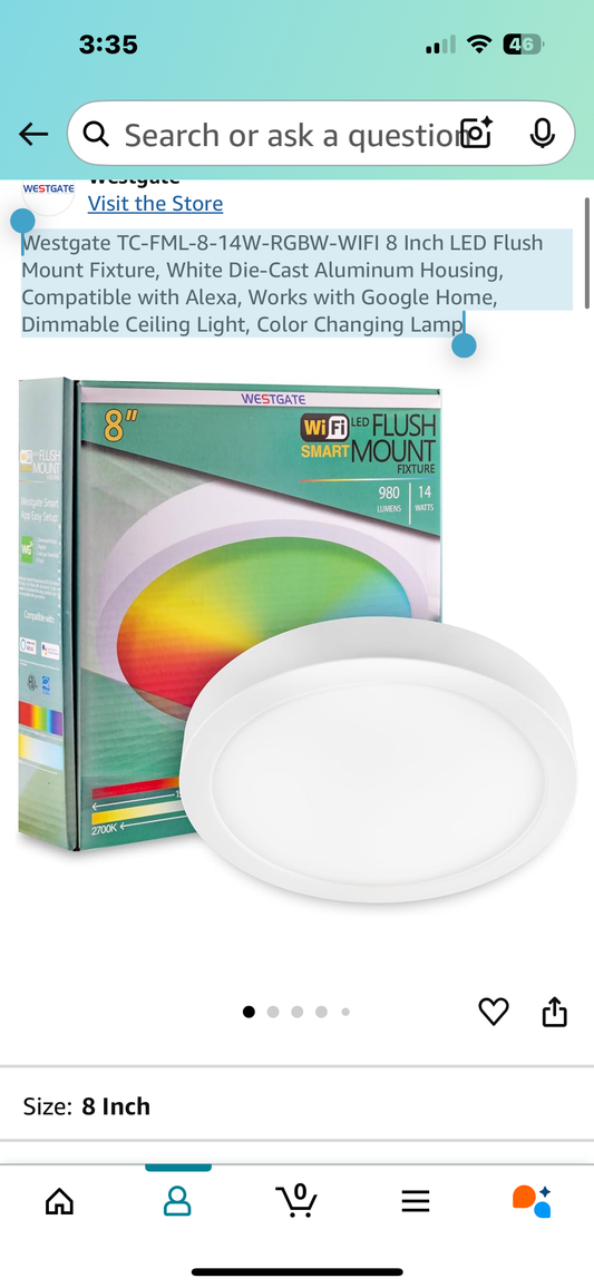 Westgate TC-FML-8-14W-RGBW-WIFI 8 Inch LED Flush Mount Fixture, White Die-Cast Aluminum Housing, Compatible with Alexa, Works with Google Home, Dimmable Ceiling Light, Color Changing Lamp