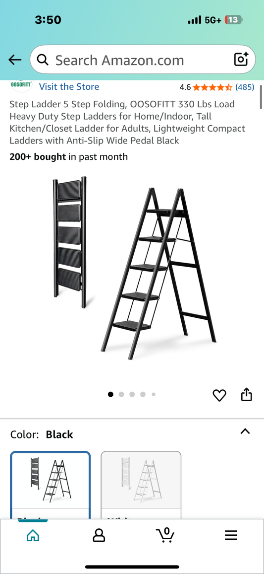 5 Step Folding Step Ladder, 330 Lb Load, Heavy Duty Step Ladder for Home/Indoor, Tall Kitchen/Closet Ladder for Adults, Lightweight Compact Ladder with Anti-Slip Wide Pedal Black (G856)
