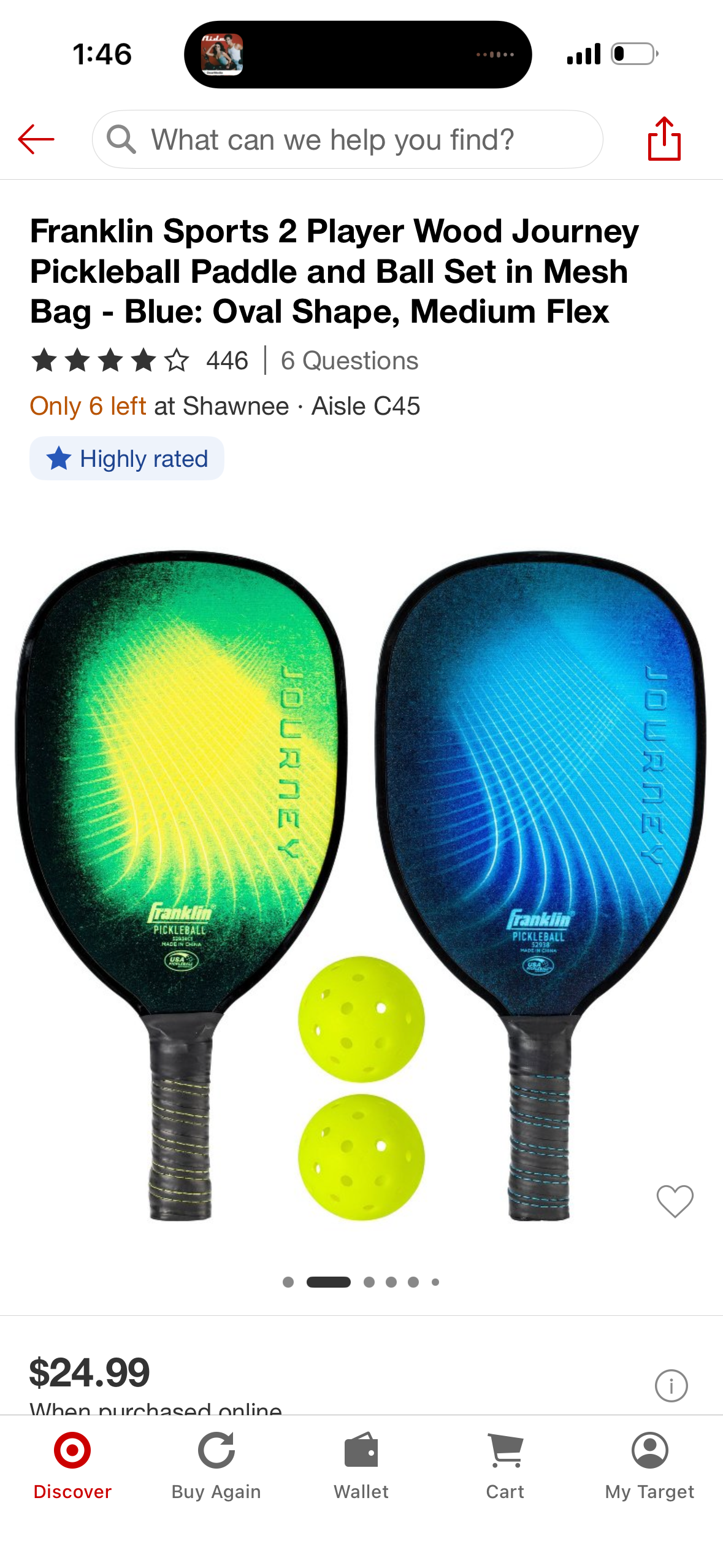 Franklin Sports 2 Player Wood Journey Pickleball Paddle and Ball Set in Mesh Bag - Blue: Oval Shape, Medium Flex