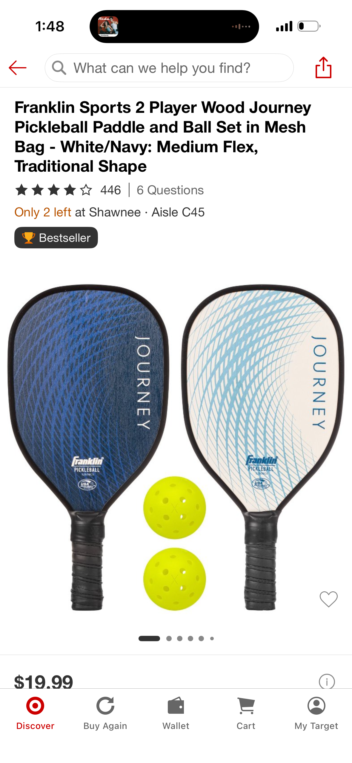 Franklin Sports 2 Player Wood Journey Pickleball Paddle and Ball Set in Mesh Bag - White/Navy: Medium Flex, Traditional Shape