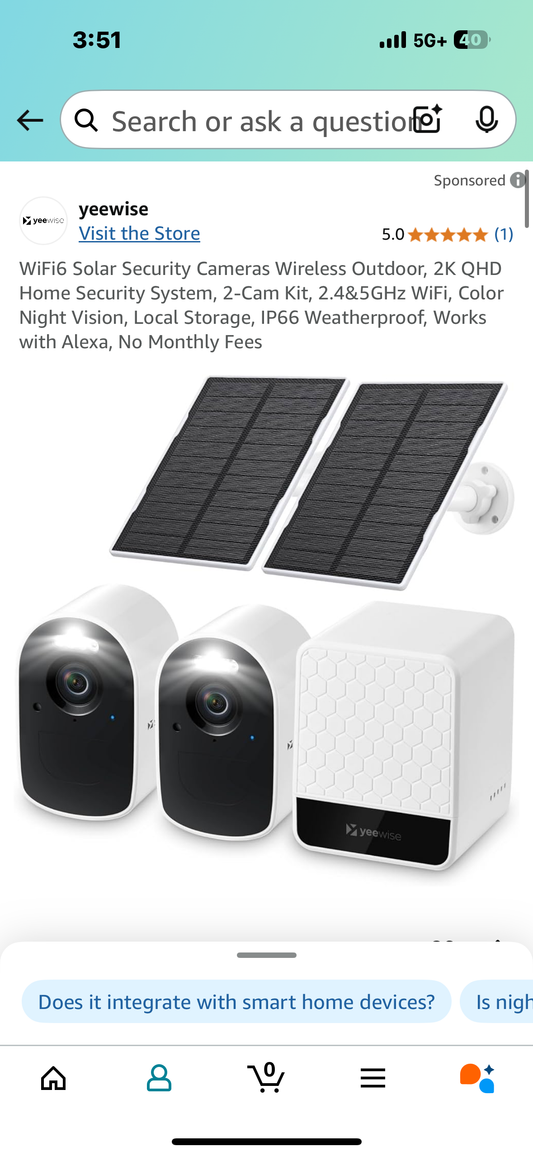 WiFi6 Solar Security Cameras Wireless Outdoor, 2K QHD Home Security System, 2-Cam Kit, 2.4&5GHz WiFi, Color Night Vision, Local Storage, IP66 Weatherproof, Works with Alexa, No Monthly Fees