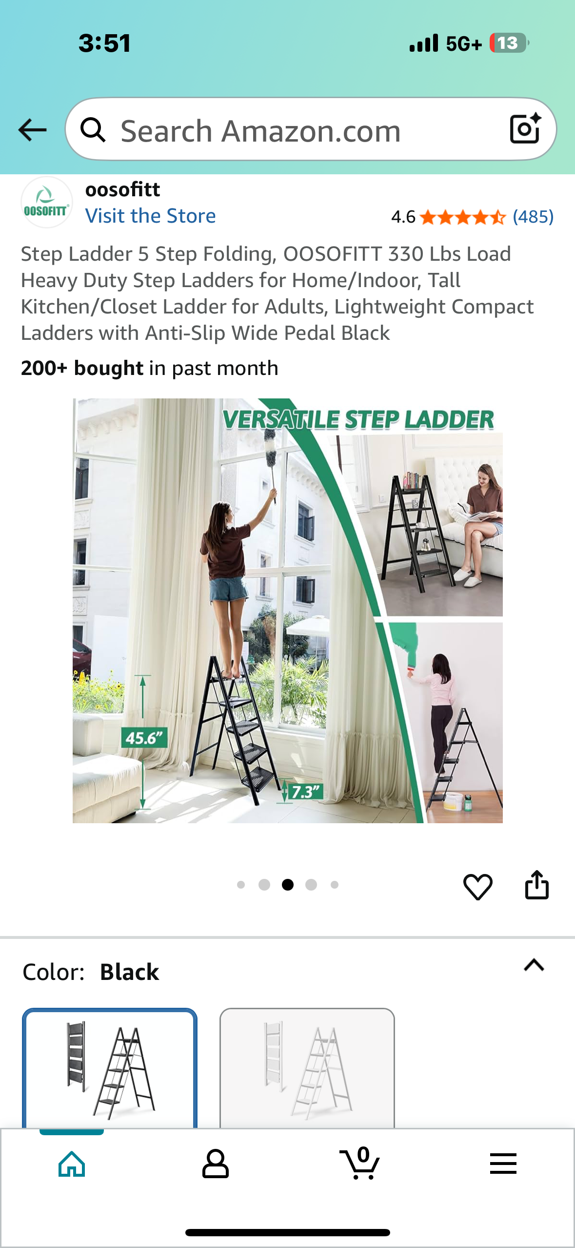 5 Step Folding Step Ladder, 330 Lb Load, Heavy Duty Step Ladder for Home/Indoor, Tall Kitchen/Closet Ladder for Adults, Lightweight Compact Ladder with Anti-Slip Wide Pedal Black (G856)