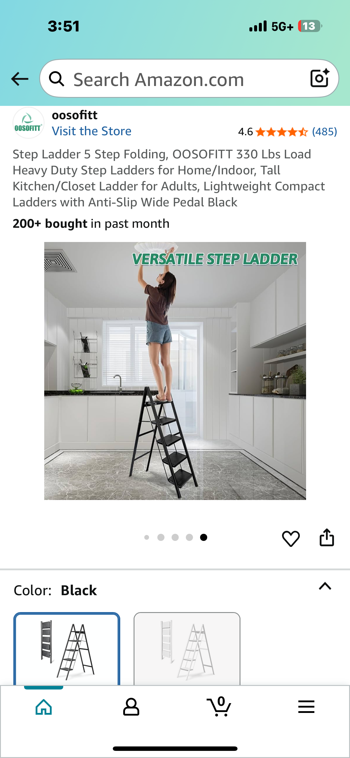 5 Step Folding Step Ladder, 330 Lb Load, Heavy Duty Step Ladder for Home/Indoor, Tall Kitchen/Closet Ladder for Adults, Lightweight Compact Ladder with Anti-Slip Wide Pedal Black (G856)