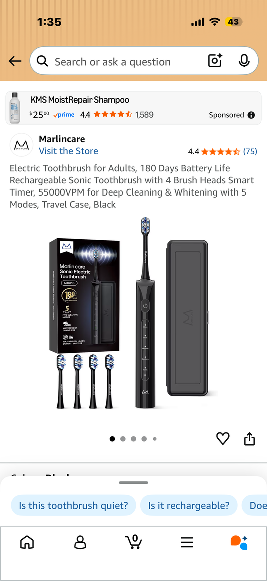 Electric Toothbrush for Adults, 180 Days Battery Life Rechargeable Sonic Toothbrush with 4 Brush Heads Smart Timer, 55000VPM for Deep Cleaning & Whitening with 5 Modes, Travel Case, Black