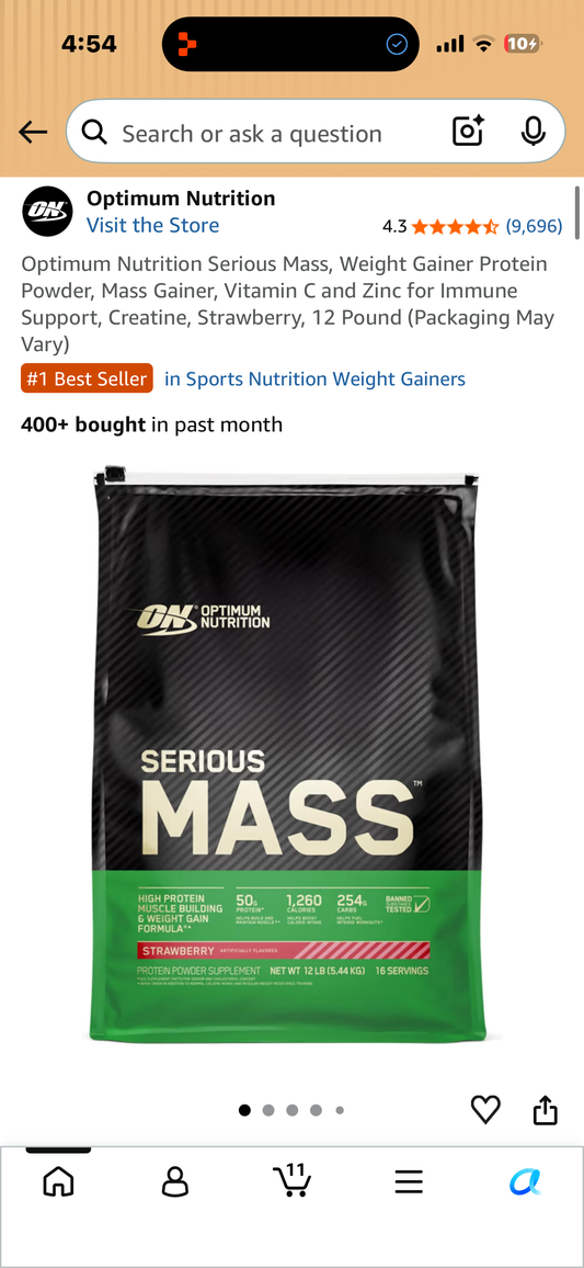 Optimum Nutrition Serious Mass, Weight Gainer Protein Powder, Mass Gainer, Vitamin C and Zinc for Immune Support, Creatine, Strawberry, 12 Pound