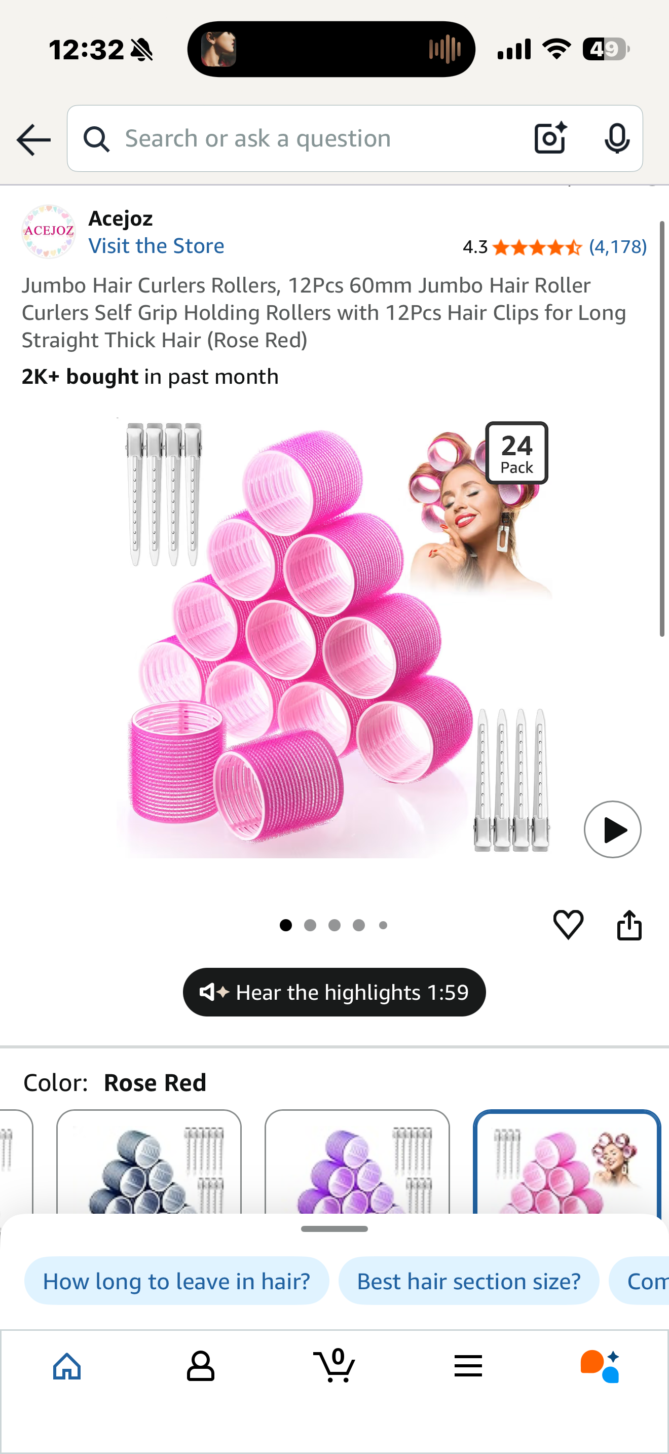Jumbo Hair Curlers Rollers, 12Pcs 60mm Jumbo Hair Roller Curlers Self Grip Holding Rollers with 12Pcs Hair Clips for Long Straight Thick Hair (Rose Red)