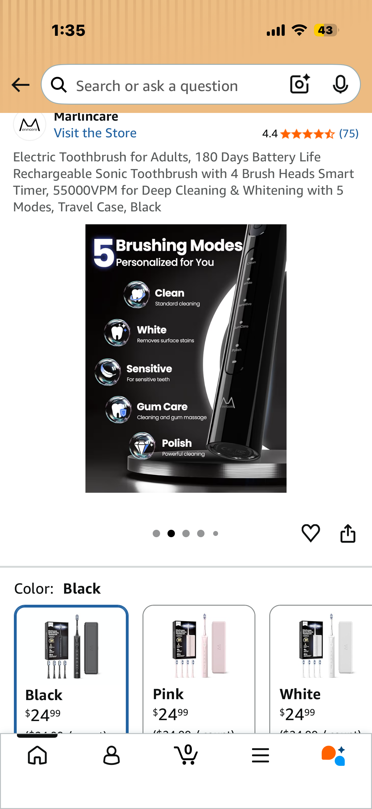 Electric Toothbrush for Adults, 180 Days Battery Life Rechargeable Sonic Toothbrush with 4 Brush Heads Smart Timer, 55000VPM for Deep Cleaning & Whitening with 5 Modes, Travel Case, Black