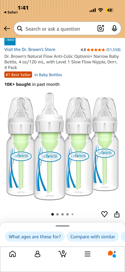 Dr. Brown's Natural Flow Anti-Colic Options+ Narrow Baby Bottle, 4 oz/120 mL, with Level 1 Slow Flow Nipple, 0m+, 4 Pack
