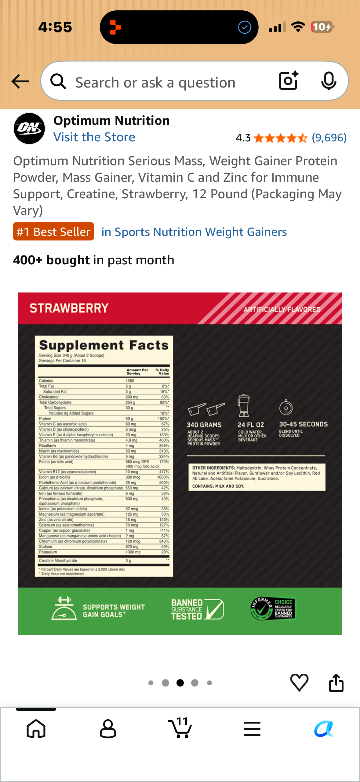 Optimum Nutrition Serious Mass, Weight Gainer Protein Powder, Mass Gainer, Vitamin C and Zinc for Immune Support, Creatine, Strawberry, 12 Pound