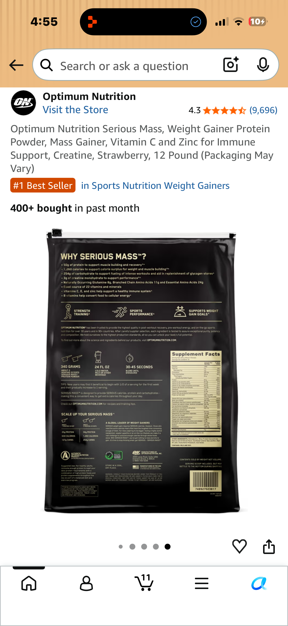Optimum Nutrition Serious Mass, Weight Gainer Protein Powder, Mass Gainer, Vitamin C and Zinc for Immune Support, Creatine, Strawberry, 12 Pound