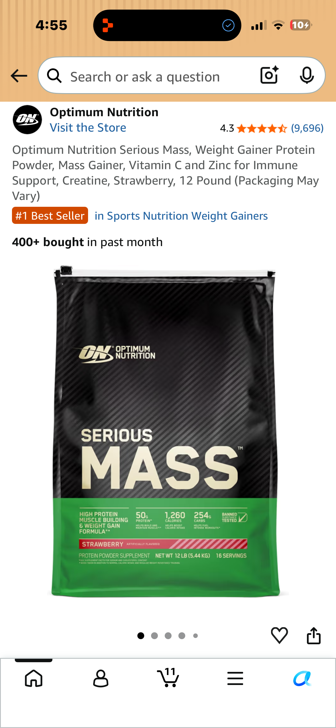 Optimum Nutrition Serious Mass, Weight Gainer Protein Powder, Mass Gainer, Vitamin C and Zinc for Immune Support, Creatine, Strawberry, 12 Pound