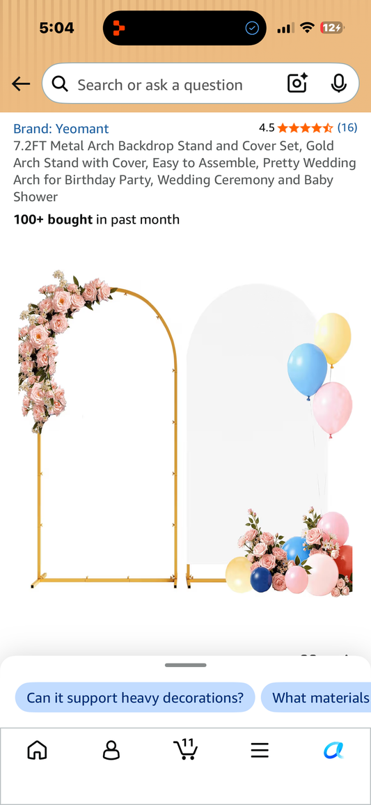 6.8’  Metal Arch Backdrop Stand and Cover Set, Gold Arch Stand with Cover, Easy to Assemble, Pretty Wedding Arch for Birthday Party, Wedding Ceremony and Baby Shower