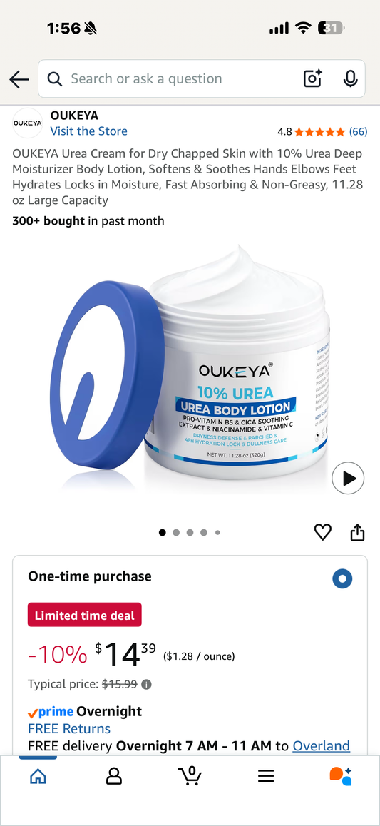 OUKEYA Urea Cream for Dry Chapped Skin with 10% Urea Deep Moisturizer Body Lotion, Softens & Soothes Hands Elbows Feet Hydrates Locks in Moisture, Fast Absorbing & Non-Greasy, 11.28 oz Large Capacity
