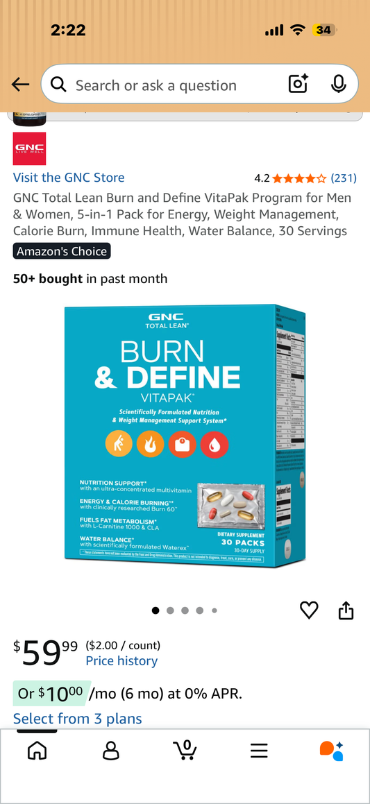 GNC Total Lean Burn and Define VitaPak Program for Men & Women, 5-in-1 Pack for Energy, Weight Management, Calorie Burn, Immune Health, Water Balance, 30 Servings