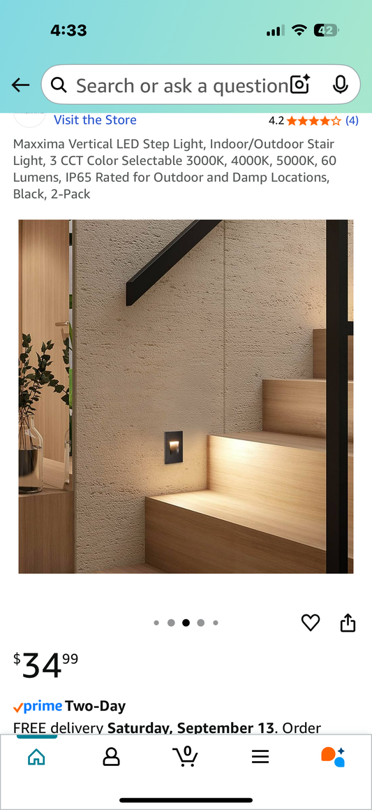 Maxxima Vertical LED Step Light, Indoor/Outdoor Stair Light, 3 CCT Color Selectable 3000K, 4000K, 5000K, 60 Lumens, IP65 Rated for Outdoor and Damp Locations, Black, 2-Pack