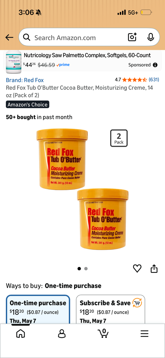 Red Fox Tub O'Butter Cocoa Butter, Moisturizing Creme, 14 oz (Pack of 2)