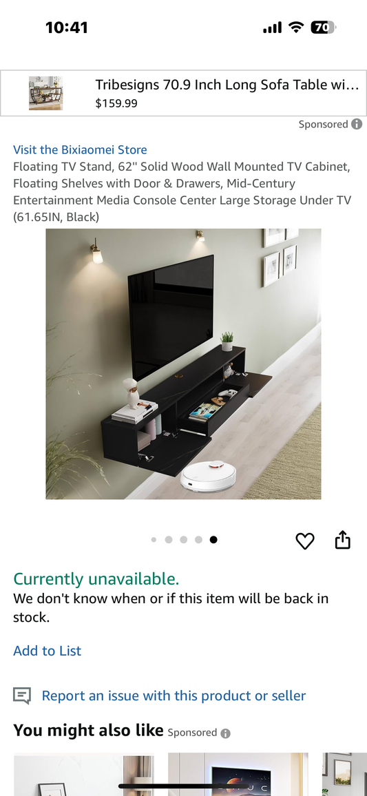 New - Floating TV Stand, 62" Solid Wood Wall Mounted TV Cabinet, Floating Shelves with Door & Drawers, Black (L921)