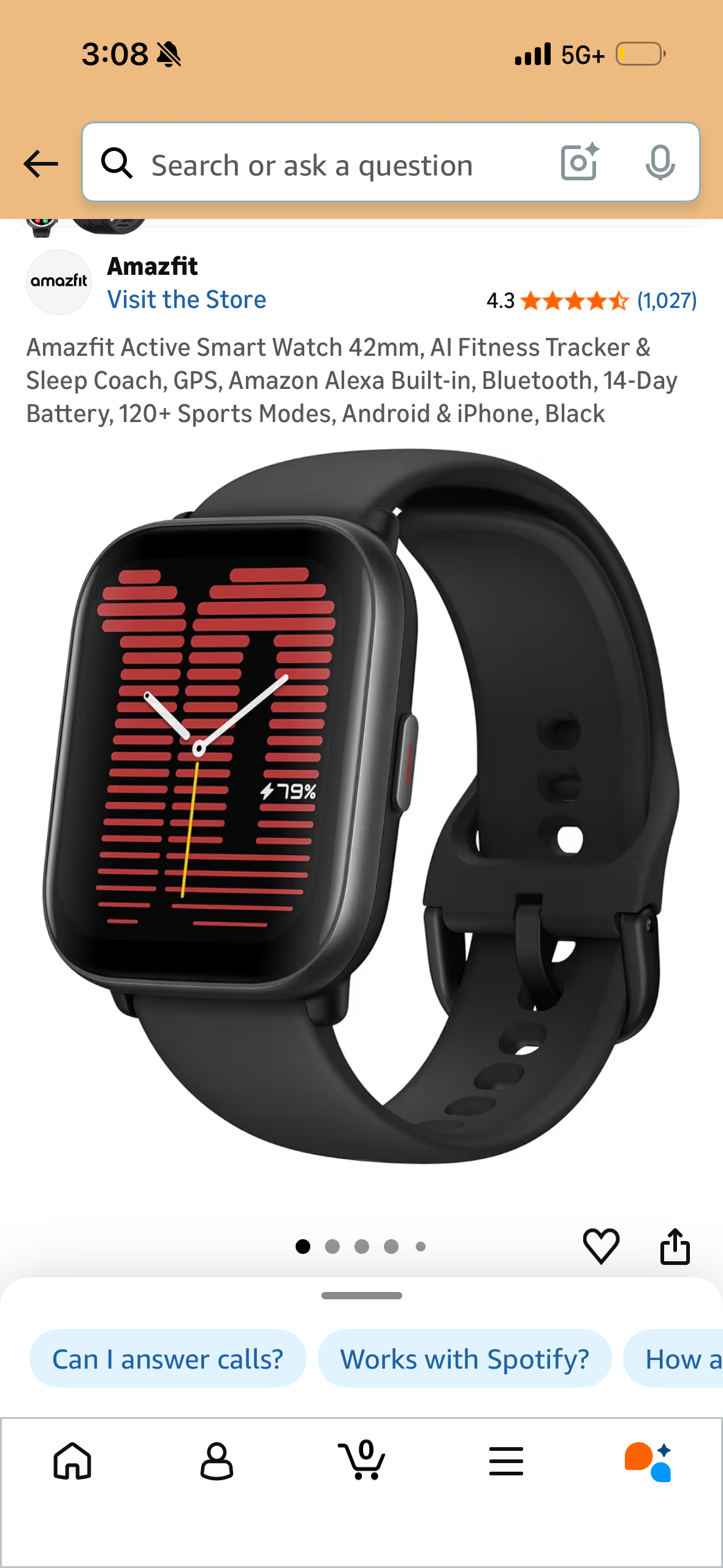 Amazfit Active Smart Watch 42mm, AI Fitness Tracker & Sleep Coach, GPS, Amazon Alexa Built-in, Bluetooth, 14-Day Battery, 120+ Sports Modes, Android & iPhone, Black