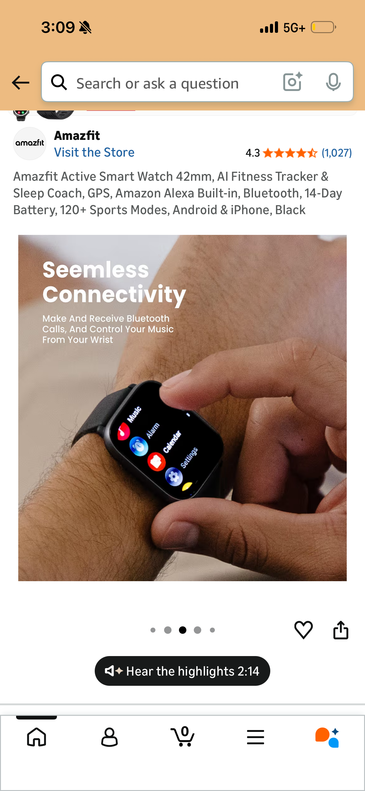 Amazfit Active Smart Watch 42mm, AI Fitness Tracker & Sleep Coach, GPS, Amazon Alexa Built-in, Bluetooth, 14-Day Battery, 120+ Sports Modes, Android & iPhone, Black