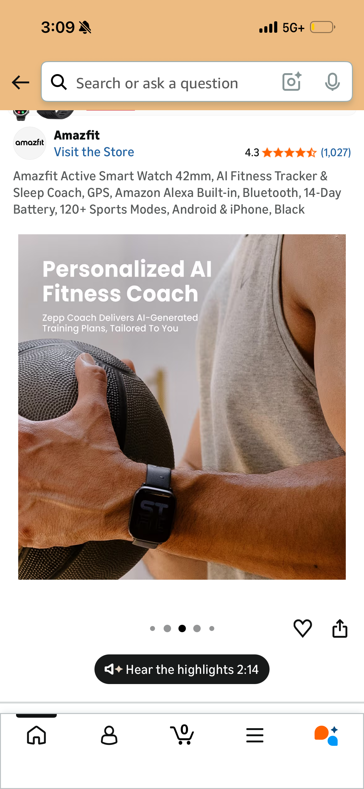 Amazfit Active Smart Watch 42mm, AI Fitness Tracker & Sleep Coach, GPS, Amazon Alexa Built-in, Bluetooth, 14-Day Battery, 120+ Sports Modes, Android & iPhone, Black