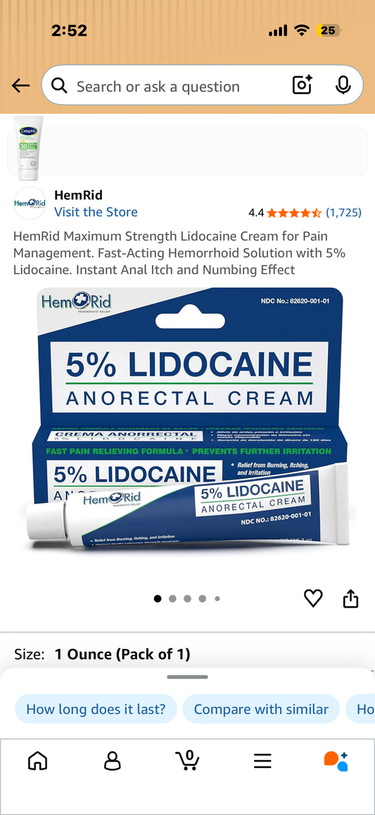 HemRid Maximum Strength Lidocaine Cream for Pain Management. Fast-Acting Hemorrhoid Solution with 5% Lidocaine. Instant Anal Itch and Numbing Effect