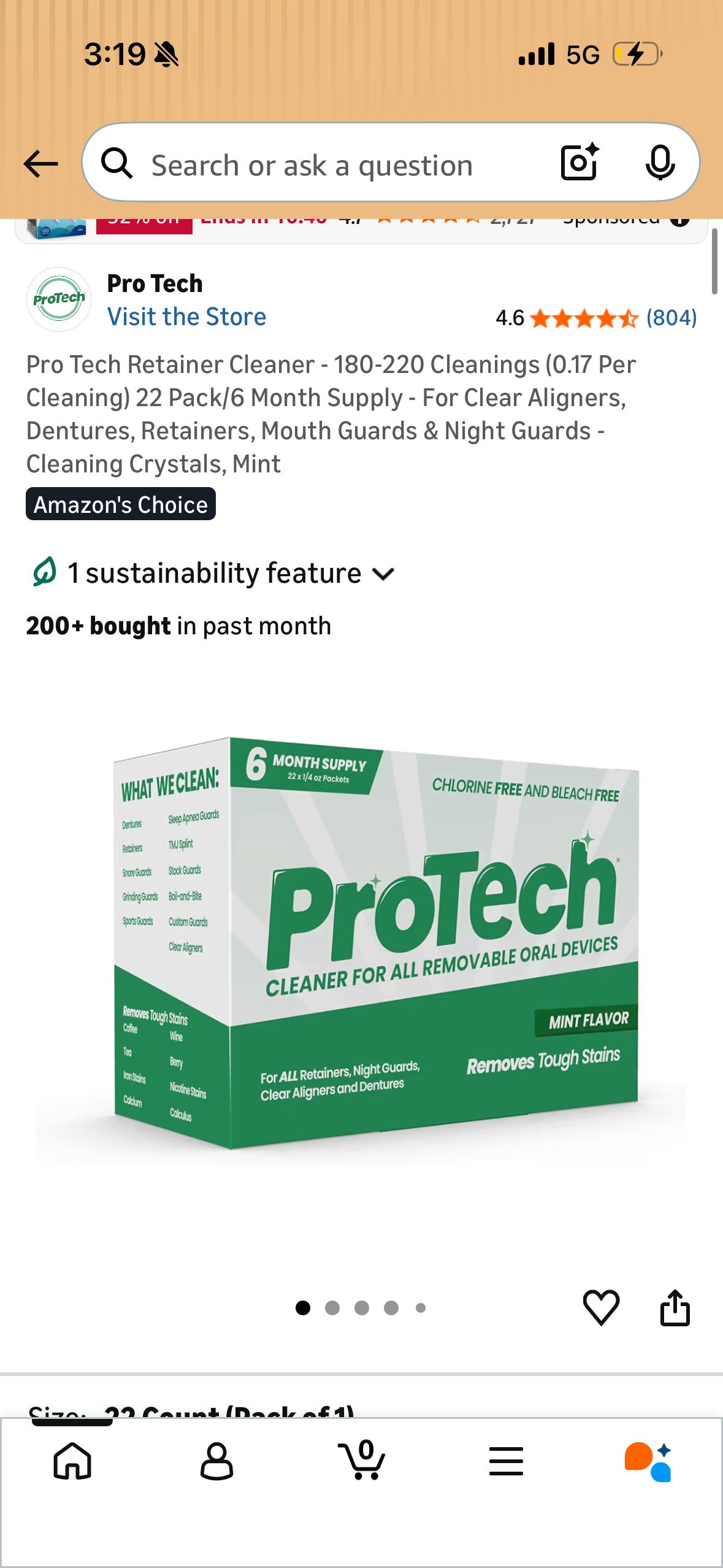 Pro Tech Retainer Cleaner - 180-220 Cleanings (0.17 Per Cleaning) 22 Pack/6 Month Supply - For Clear Aligners, Dentures, Retainers, Mouth Guards & Night Guards - Cleaning Crystals, Mint