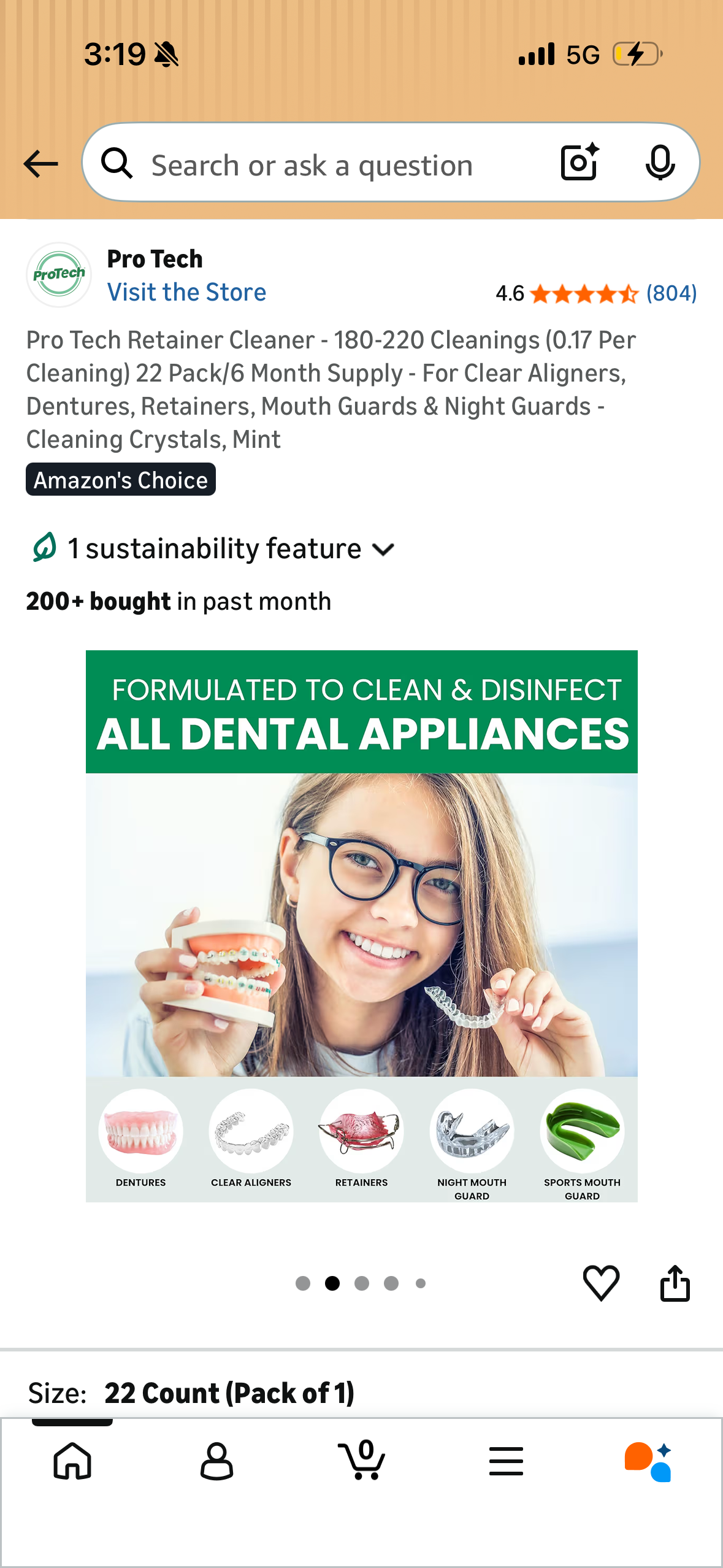 Pro Tech Retainer Cleaner - 180-220 Cleanings (0.17 Per Cleaning) 22 Pack/6 Month Supply - For Clear Aligners, Dentures, Retainers, Mouth Guards & Night Guards - Cleaning Crystals, Mint