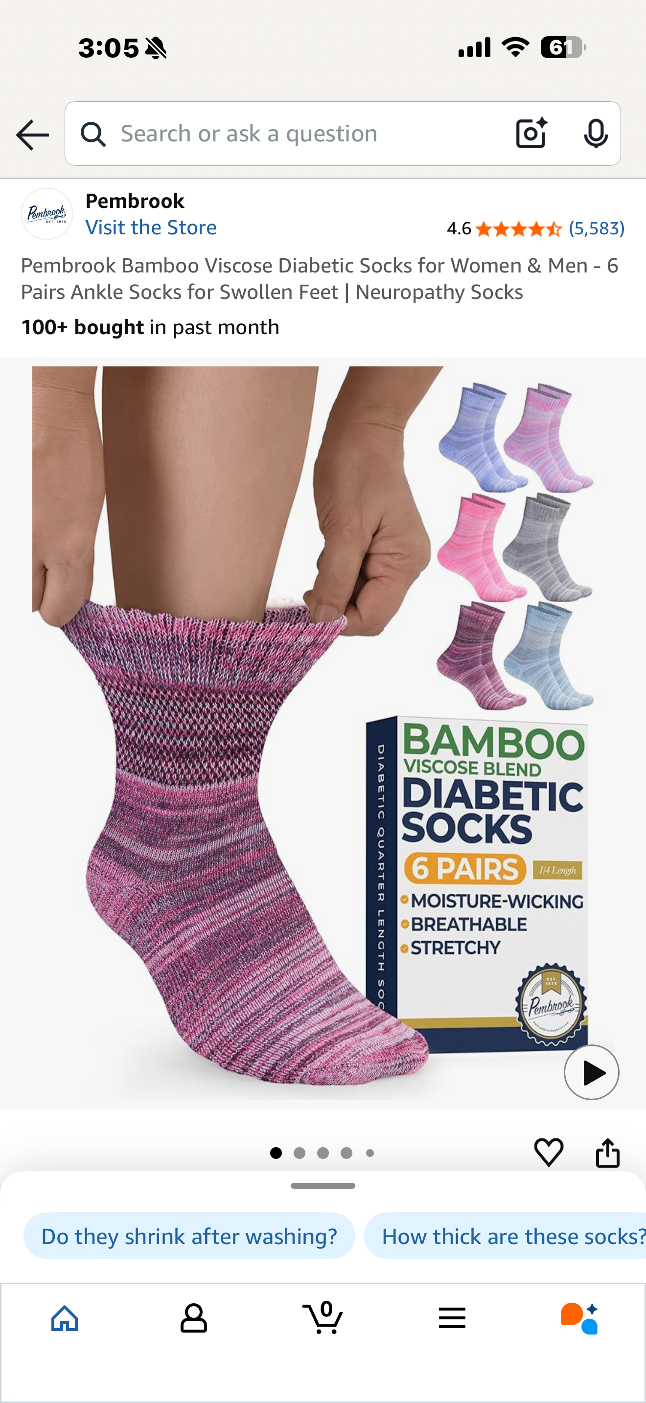 Pembrook Bamboo Viscose Diabetic Socks for Women & Men - 6 Pairs Ankle Socks for Swollen Feet | Neuropathy Socks