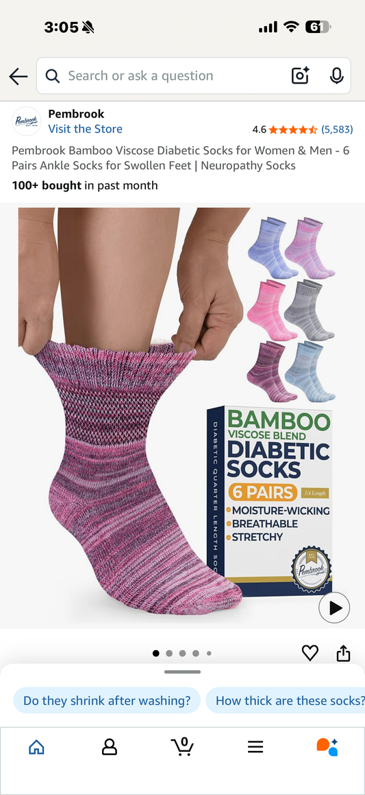 Pembrook Bamboo Viscose Diabetic Socks for Women & Men - 6 Pairs Ankle Socks for Swollen Feet | Neuropathy Socks