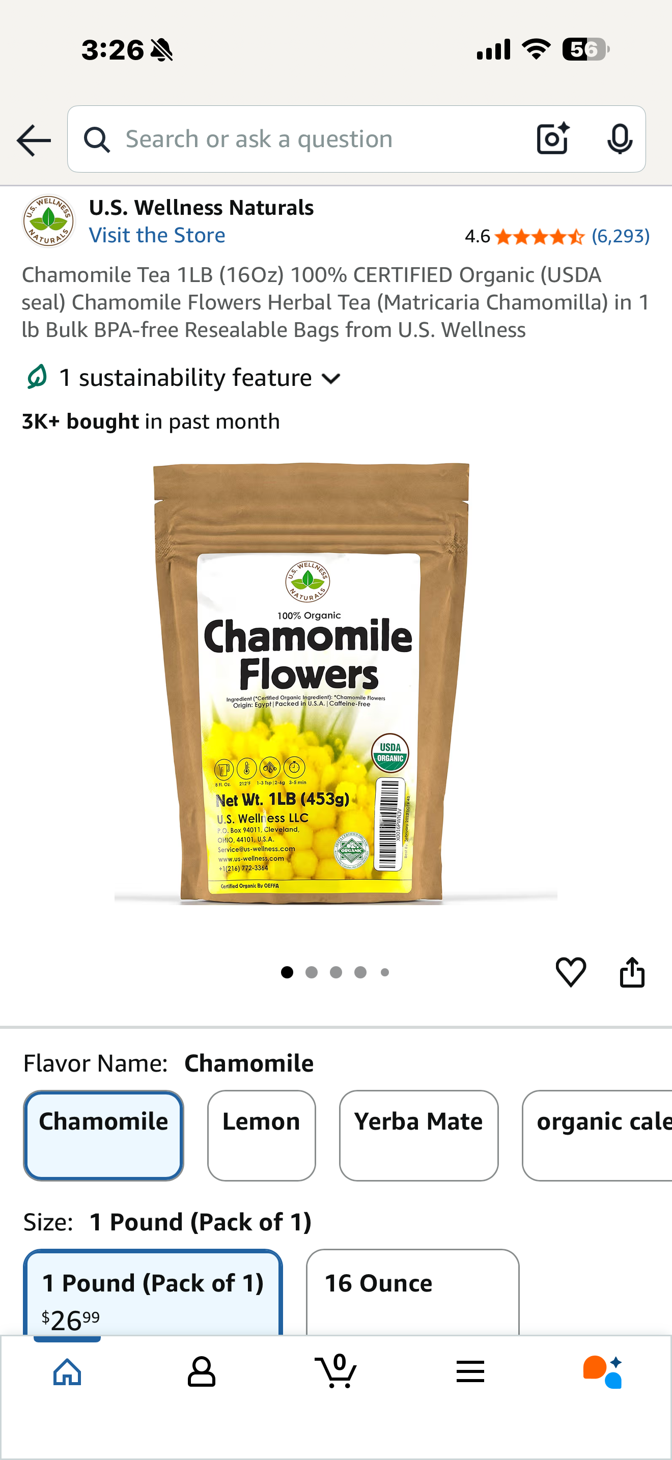 Chamomile Tea 1LB (16Oz) 100% CERTIFIED Organic (USDA seal) Chamomile Flowers Herbal Tea (Matricaria Chamomilla) in 1 lb Bulk BPA-free Resealable Bags from U.S. Wellness (exp 6/28)