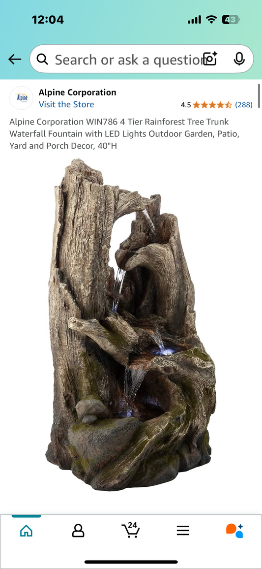 New - 4 Tier Rainforest Tree Trunk Waterfall Fountain with LED Lights, 40” High, Alpine Corporation WIN786 (W442)