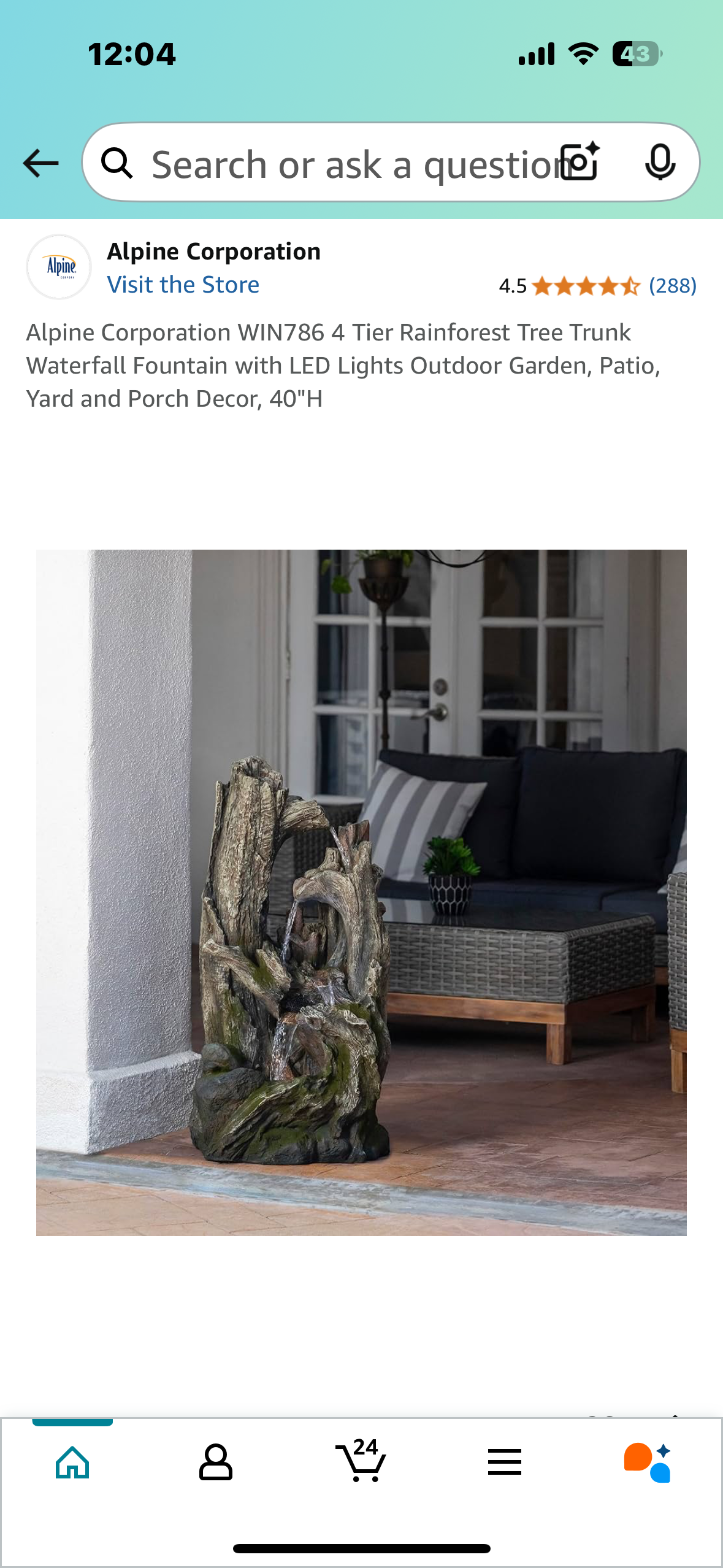 New - 4 Tier Rainforest Tree Trunk Waterfall Fountain with LED Lights, 40” High, Alpine Corporation WIN786 (W442)