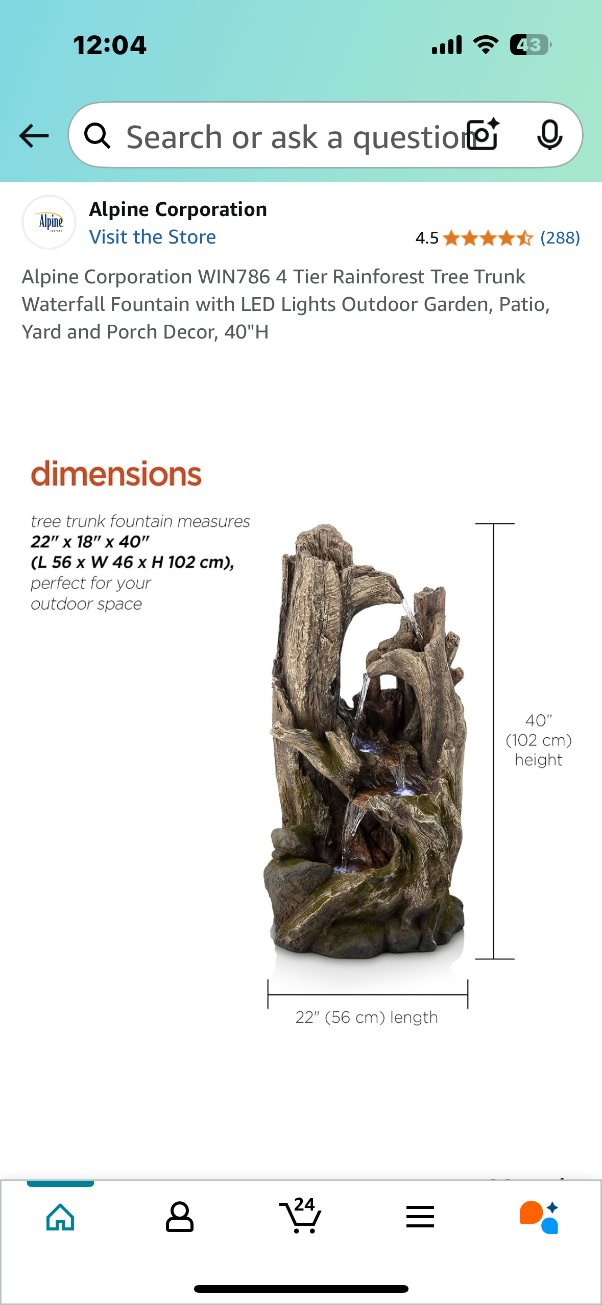 New - 4 Tier Rainforest Tree Trunk Waterfall Fountain with LED Lights, 40” High, Alpine Corporation WIN786 (W442)