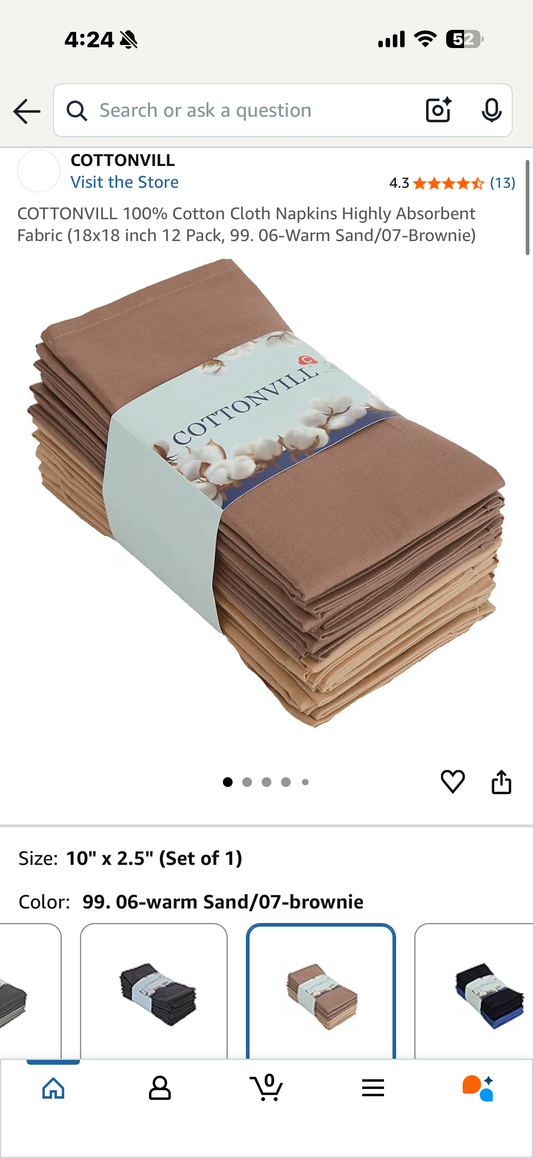 COTTONVILL 100% Cotton Cloth Napkins Highly Absorbent Fabric (18x18 inch 12 Pack, 99. 06-Warm Sand/07-Brownie