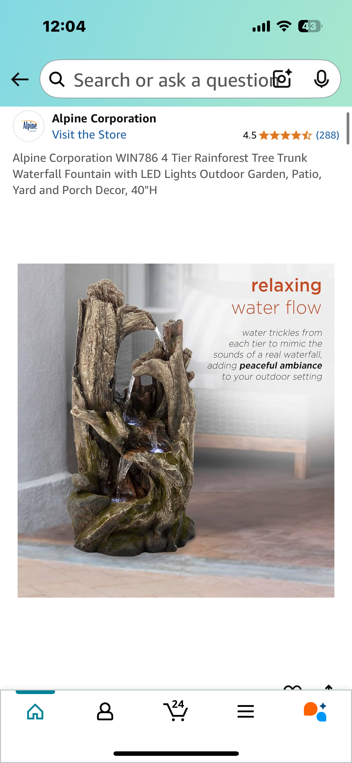 New - 4 Tier Rainforest Tree Trunk Waterfall Fountain with LED Lights, 40” High, Alpine Corporation WIN786 (W442)