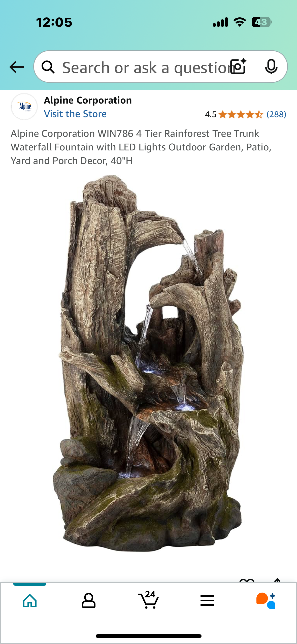 New - 4 Tier Rainforest Tree Trunk Waterfall Fountain with LED Lights, 40” High, Alpine Corporation WIN786 (W442)