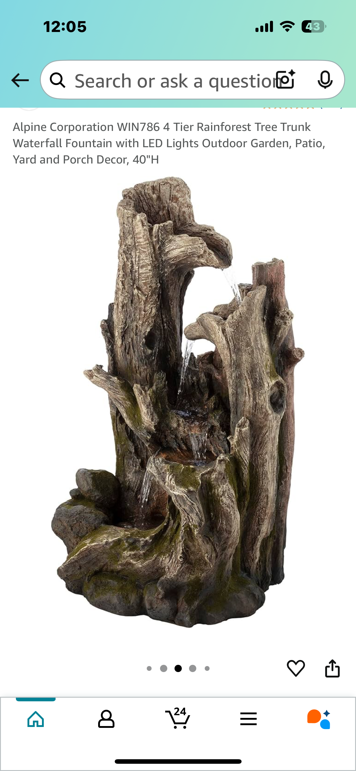 New - 4 Tier Rainforest Tree Trunk Waterfall Fountain with LED Lights, 40” High, Alpine Corporation WIN786 (W442)