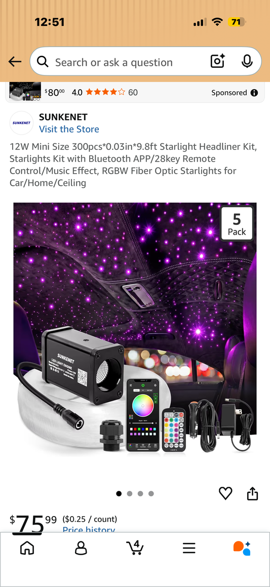12W Mini Size 300pcs*0.03in*9.8ft Starlight Headliner Kit, Starlights Kit with Bluetooth APP/28key Remote Control/Music Effect, RGBW Fiber Optic Starlights for Car/Home/Ceiling